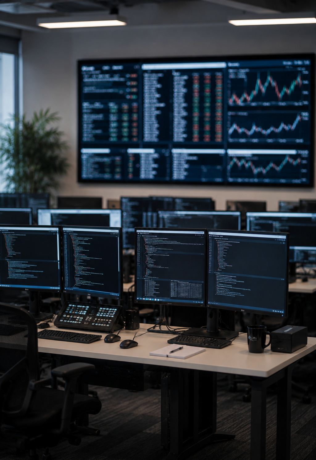 RootNivesh Research desk &mdash; multi-screen trading floor and quant research workstations